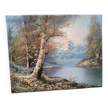 Tableau ancien à l’huile – Bord du Lac - nature et tranquilité