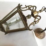 Hanging brass lantern and engraved glass