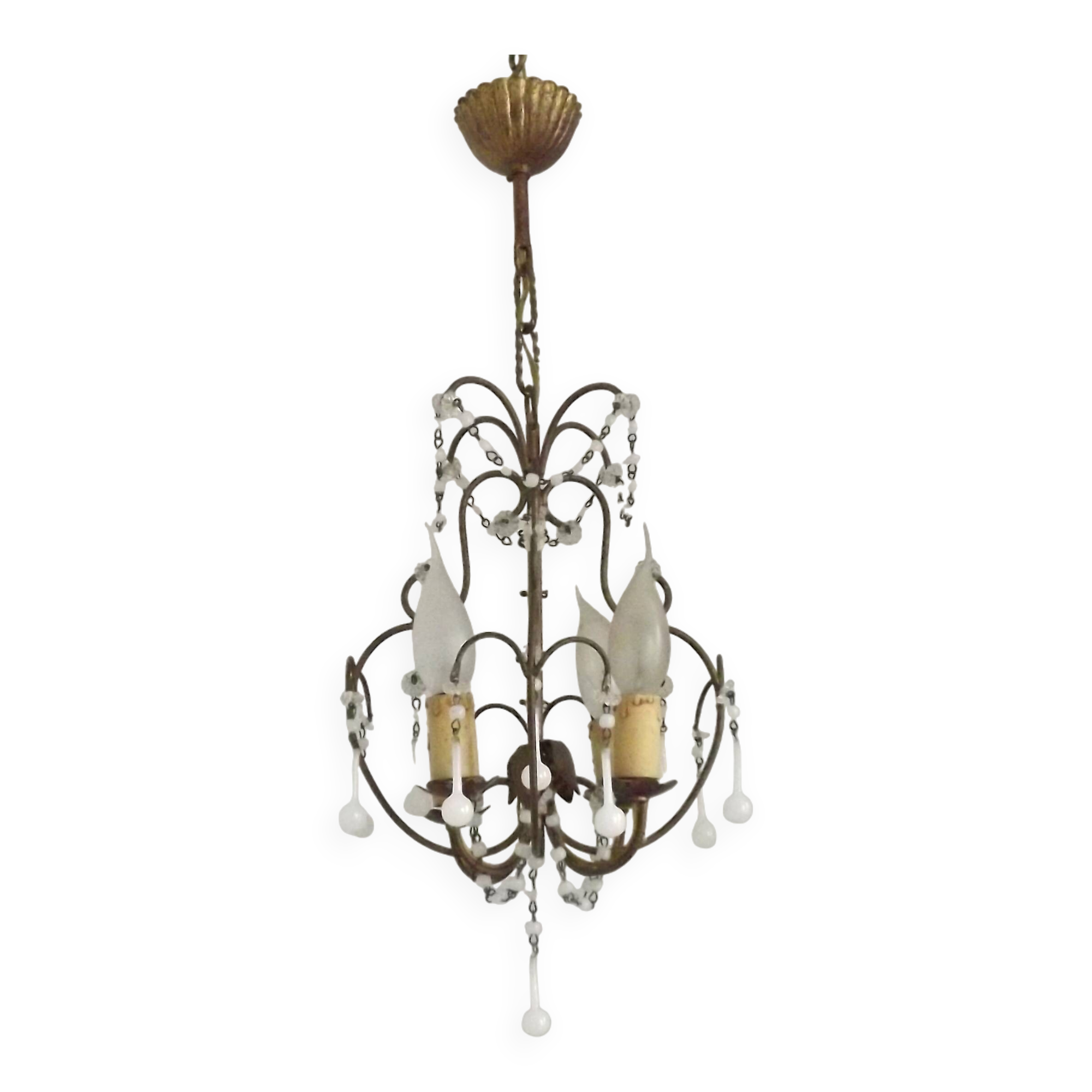 French Vintage 4 Light Metal Cage Chandelier with White Murano Drops and Beads