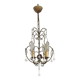 French Vintage 4 Light Metal Cage Chandelier with White Murano Drops and Beads