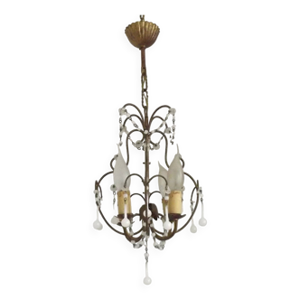 French Vintage 4 Light Metal Cage Chandelier White Murano Drops & Beads