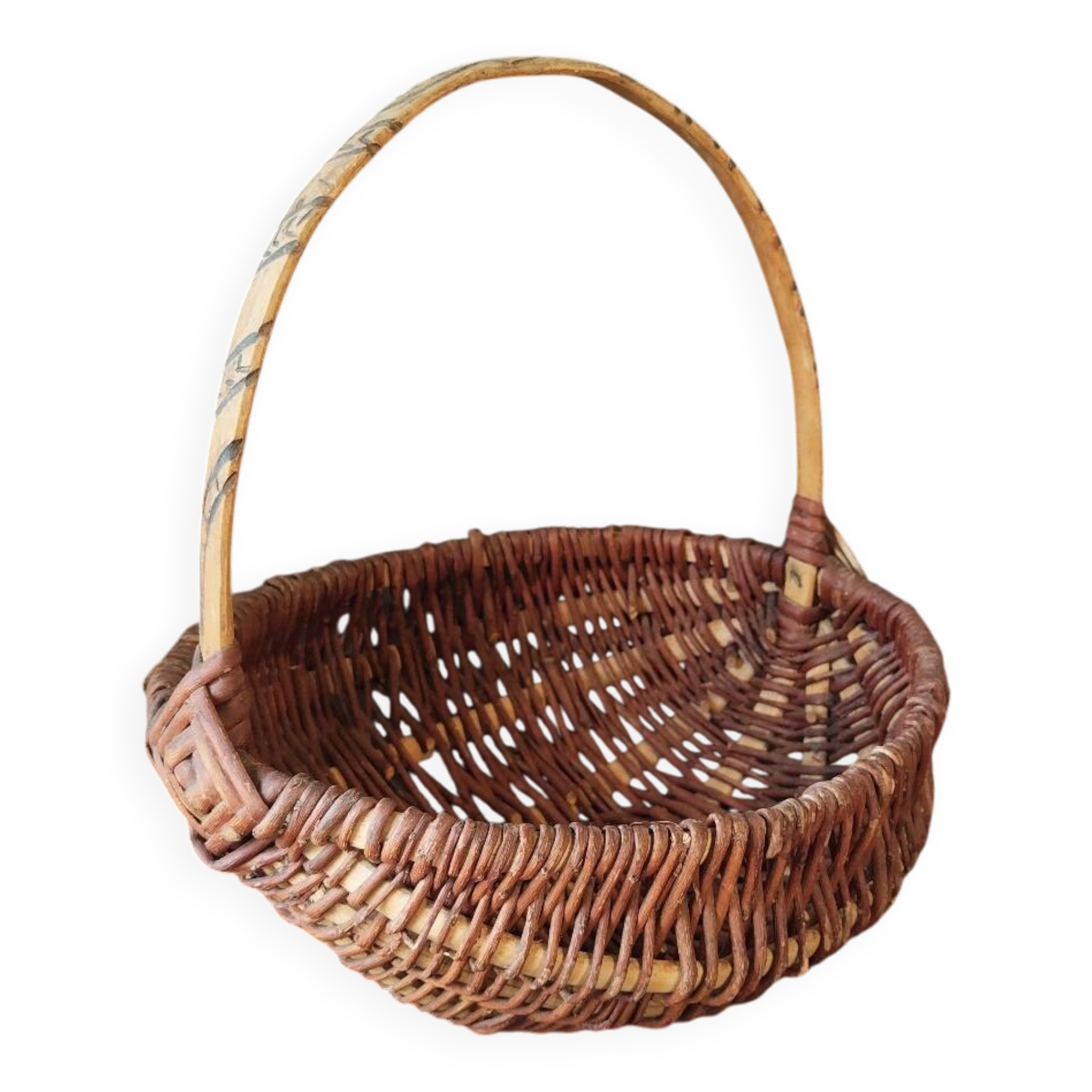 Basket of popular art in wicker – Handle carved with snakes – 20th century