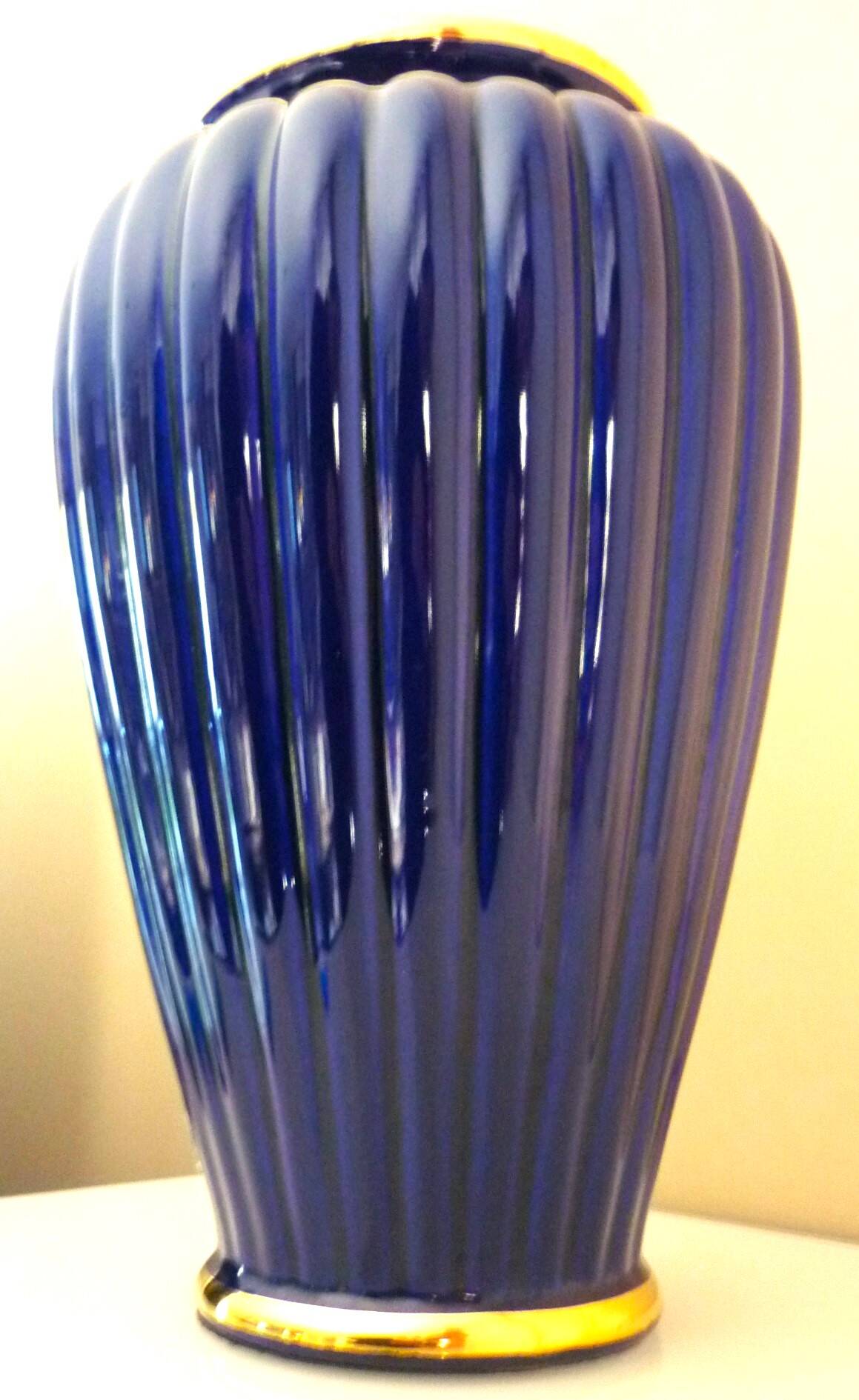 Vintage glazed ceramic vase, cobalt blue and gilt, Lancel Paris