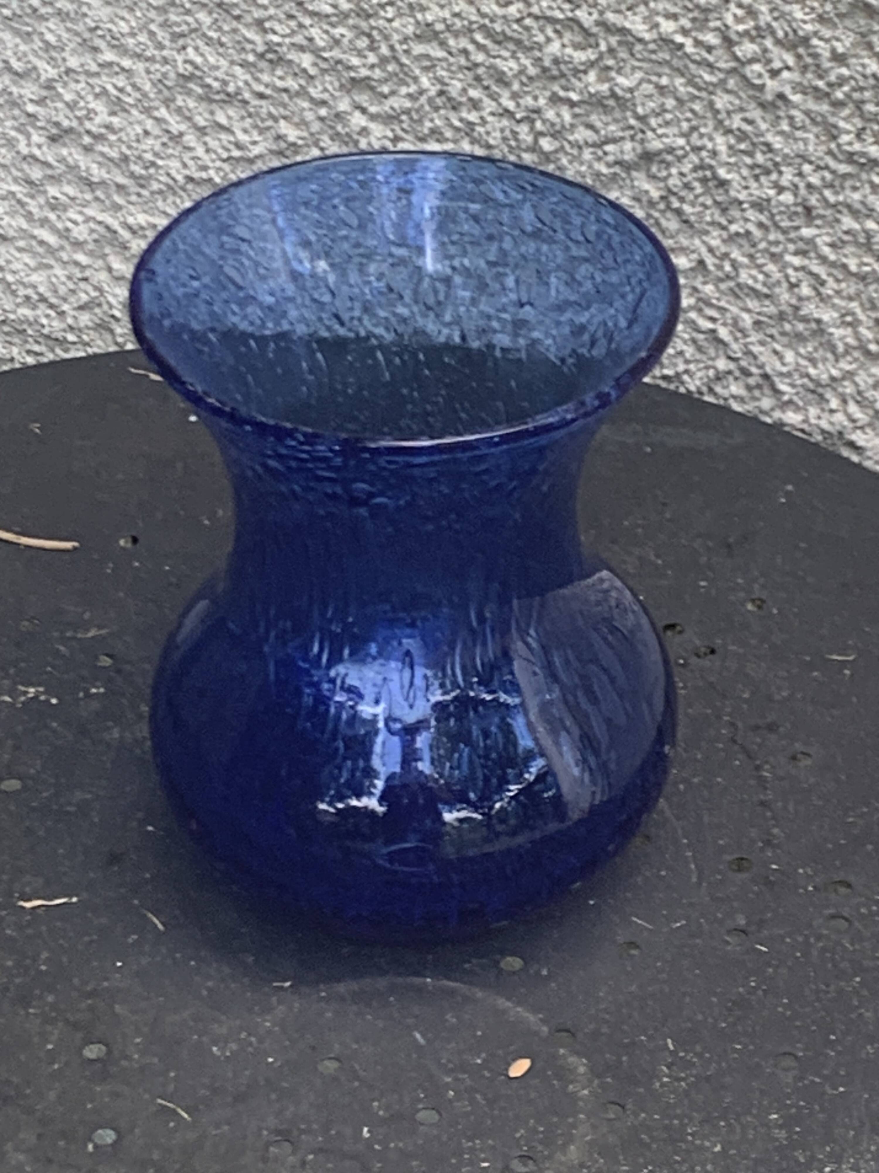 Roman vase in Persian blue blown glass, vintage Biot glassware