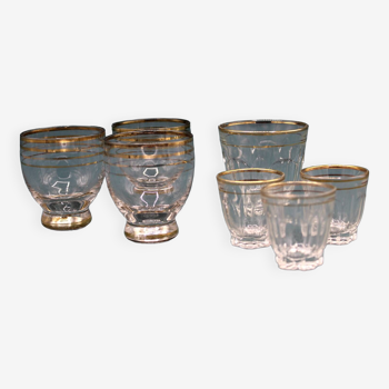 Set of 7 cooked wine and liqueur glasses with golden threads - Art Deco - French - 1940