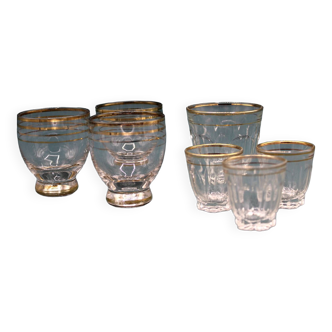 Set of 7 cooked wine and liqueur glasses with golden threads - Art Deco - French - 1940