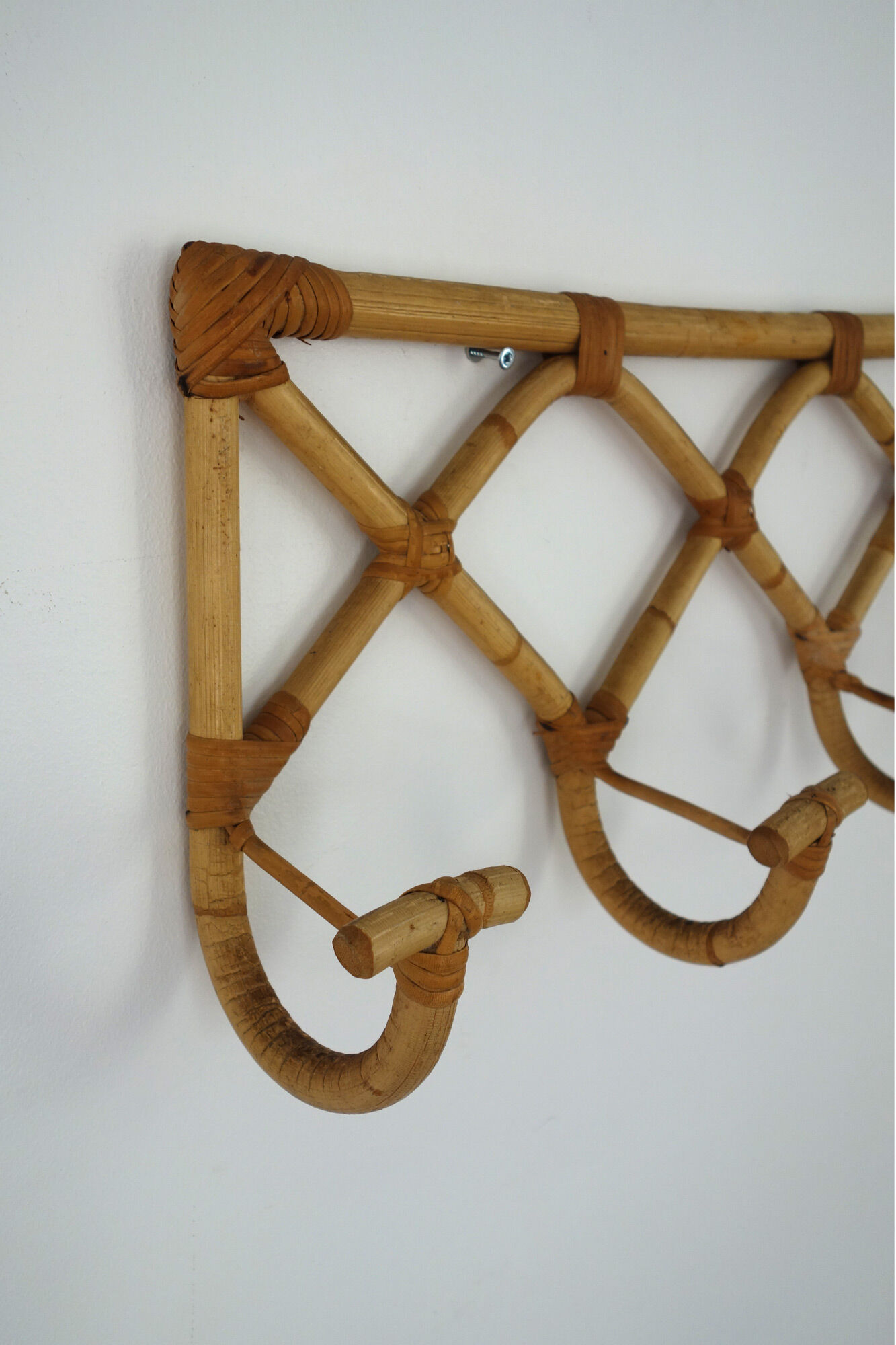 Vintage rattan coat rack 5 hooks 50s
