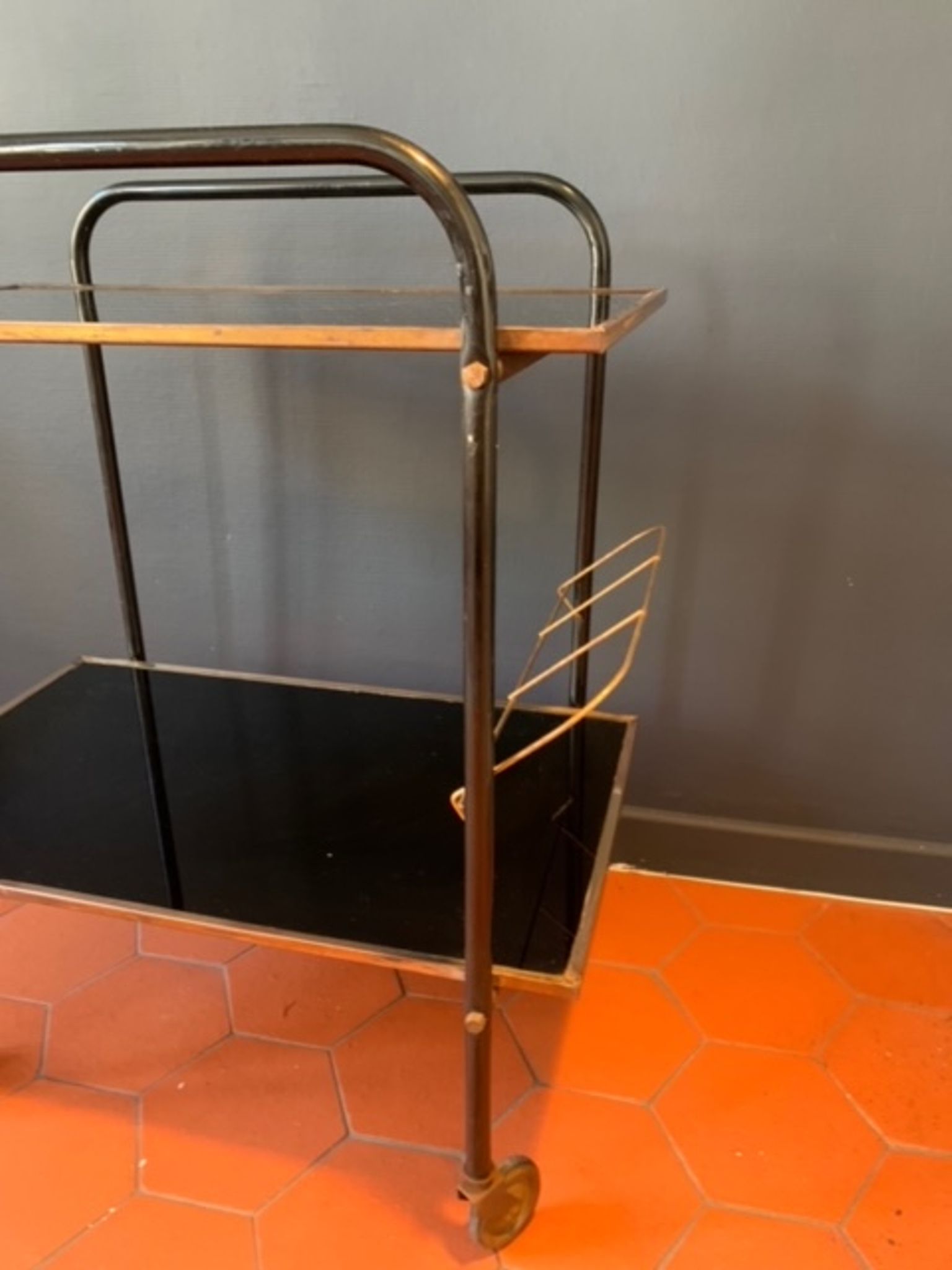 Bar service with wheels in black glass and gilded brass 50s