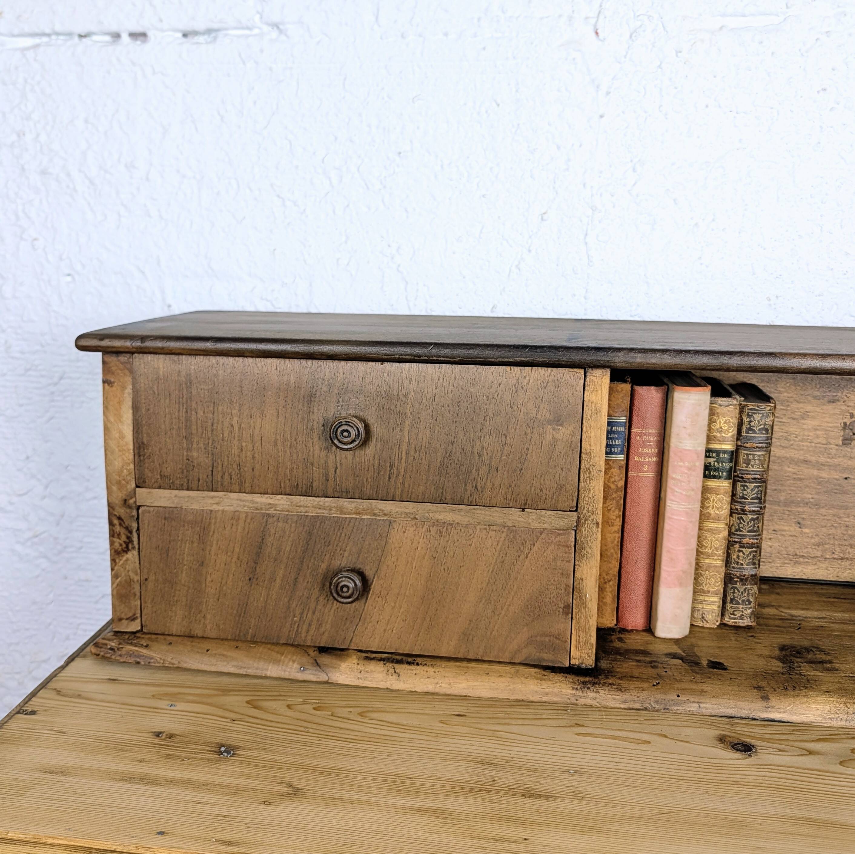Patinated wooden drawer desk cabinet