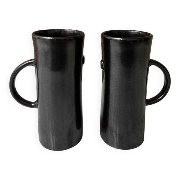 Set 2 tasses / mugs hauts émail anthracite foncé
