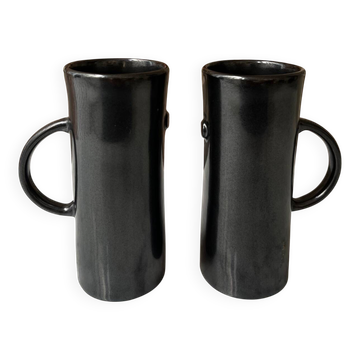 Set of 2 tall anthracite enamel mugs.