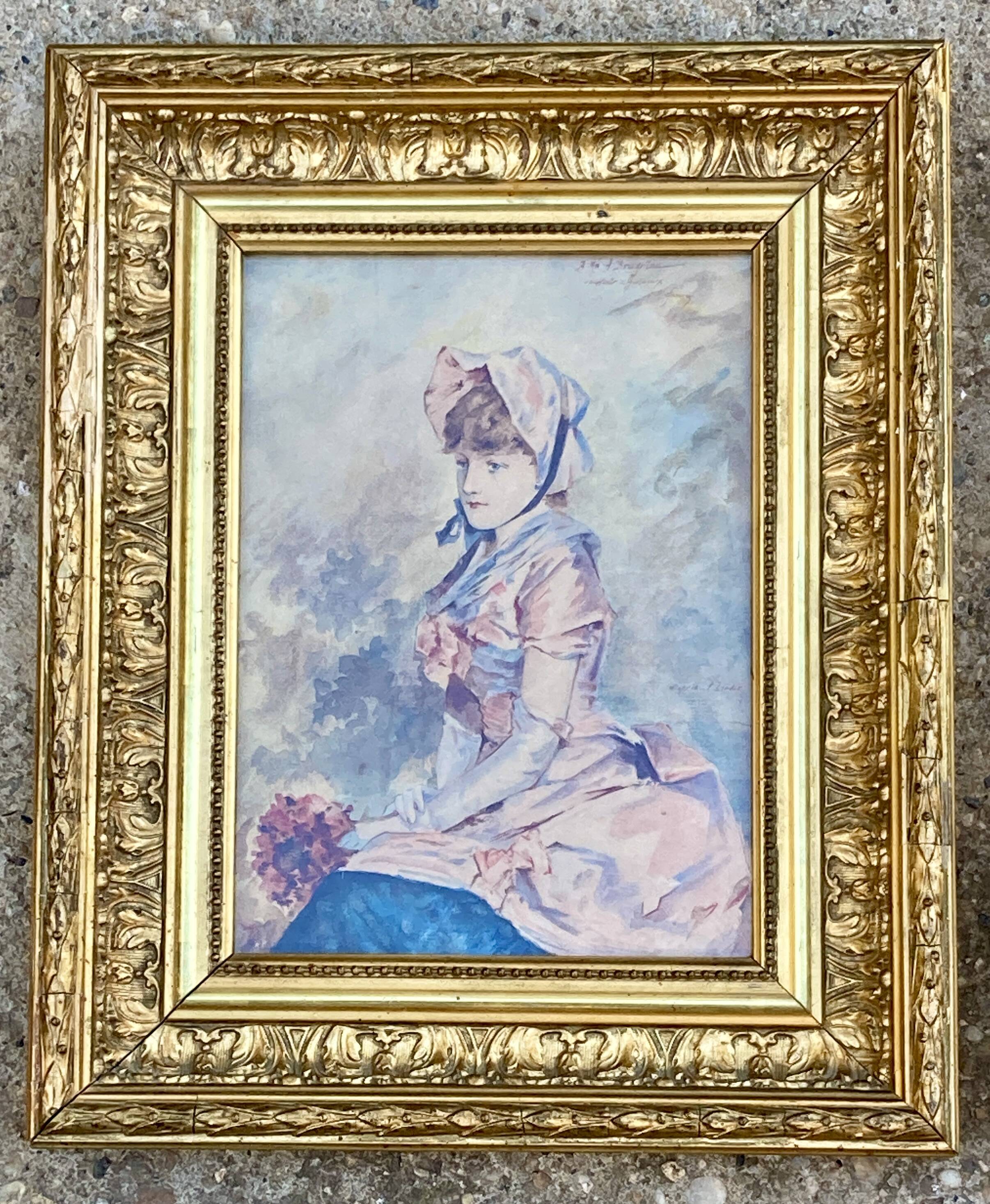 Old paintings Pair of romantic portraits of women - gilded frames