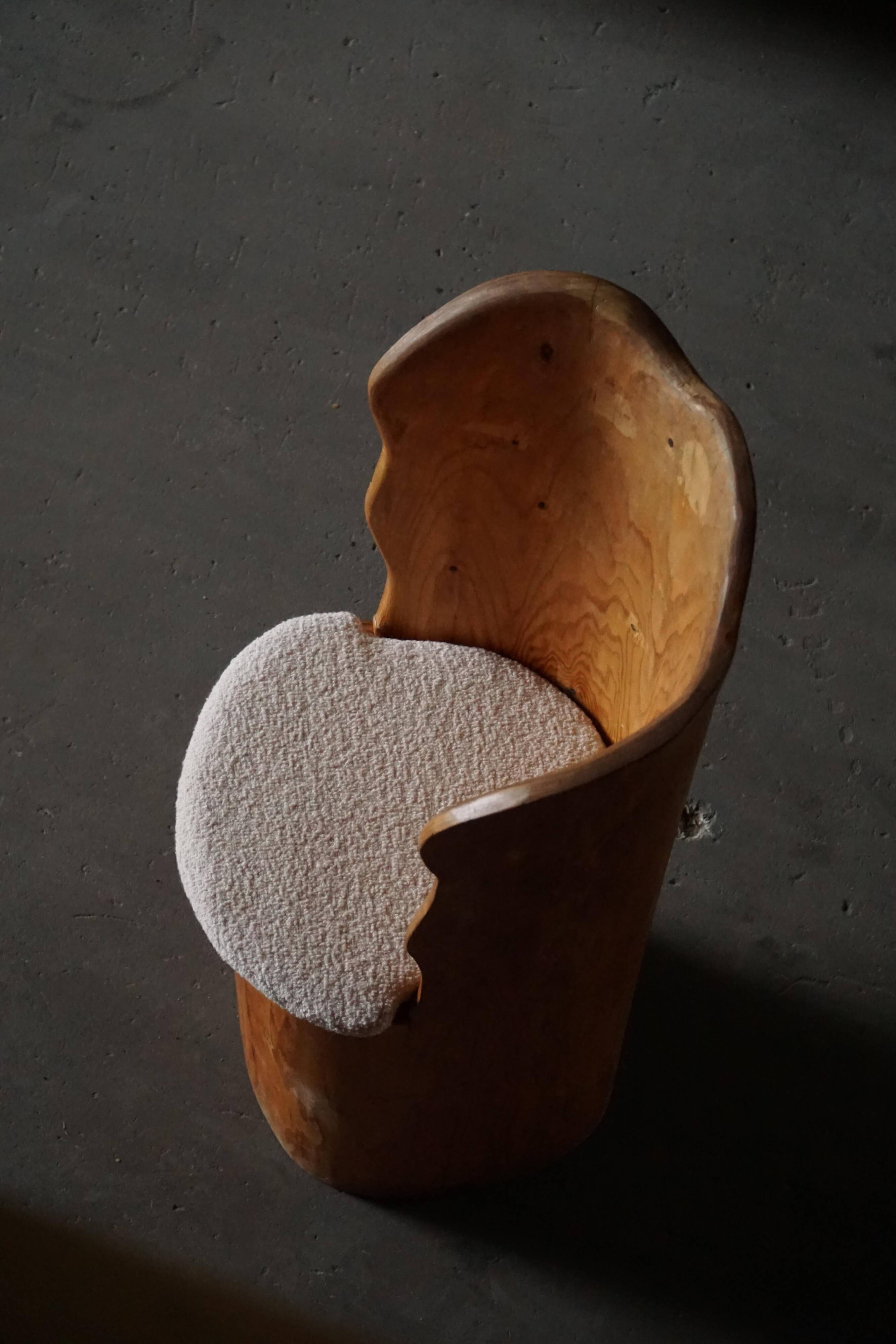 Fauteuil Brutaliste en Tronc en Pin Massif & Bouclé, Moderne du Milieu du Siècle Suédois, Années 1970