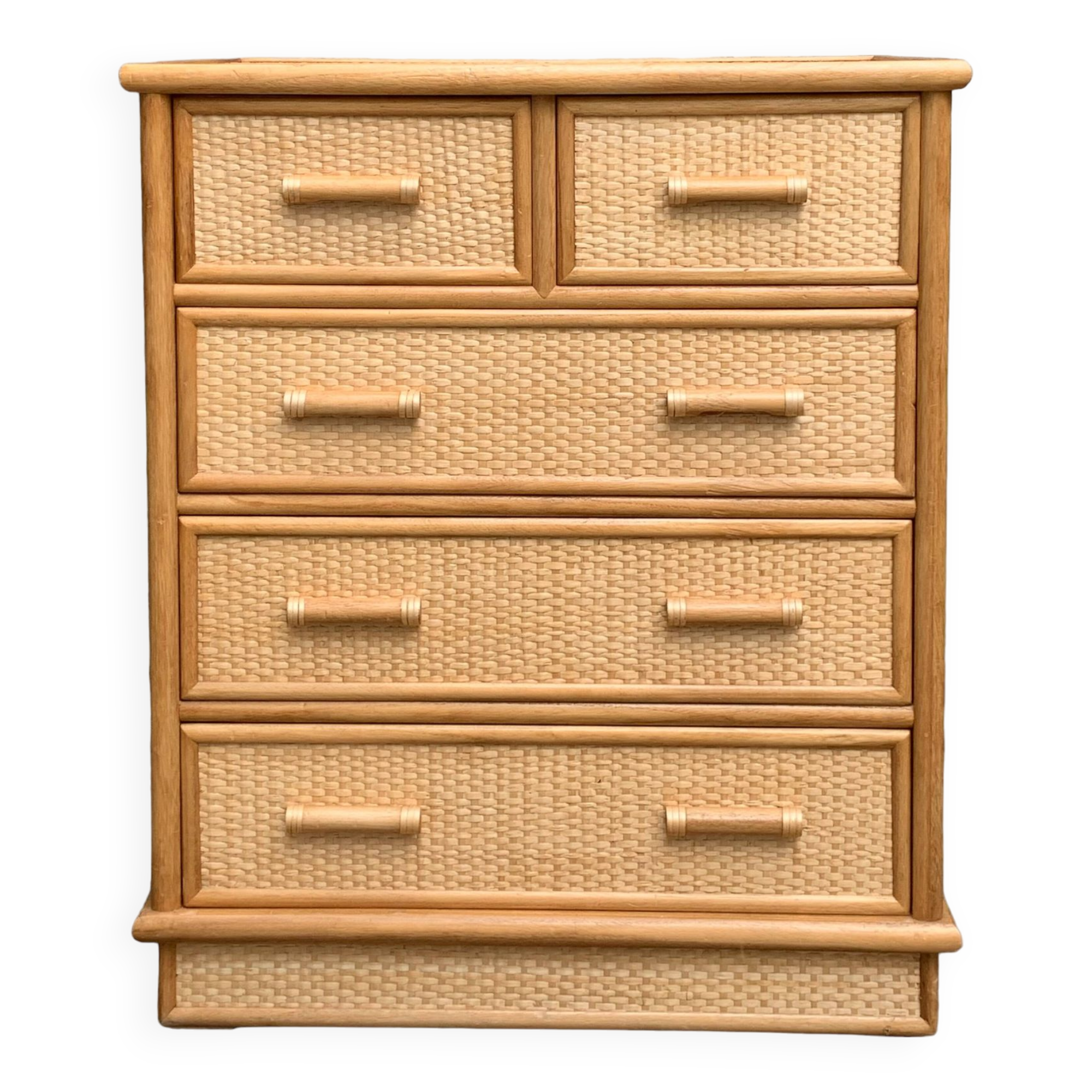 Vintage rattan and woven wicker chest of drawers 1970