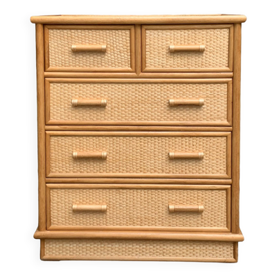 Commode vintage en rotin et osier tressé 1970