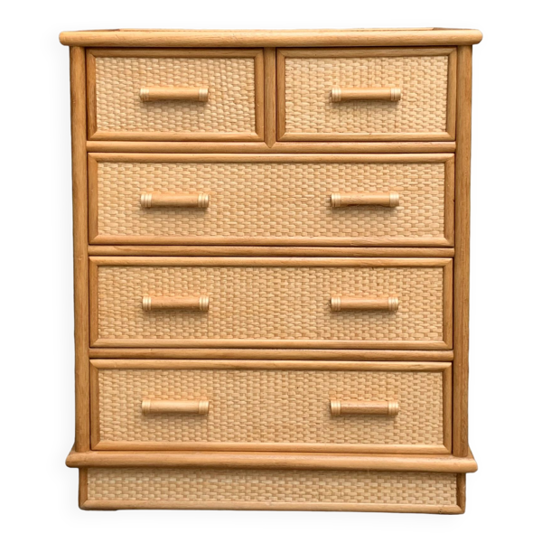 Commode vintage en rotin et osier tressé 1970