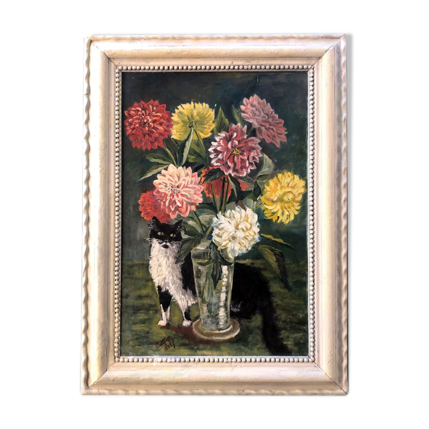 Tableau 1932 "le chat aux dahlias"