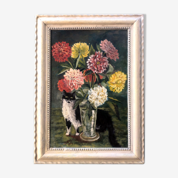 Tableau 1932 "le chat aux dahlias"