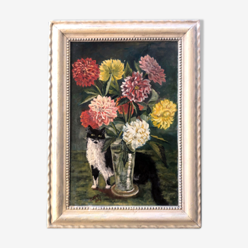 Painting 1932 "the cat with dahlias"