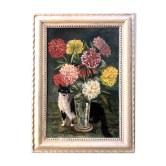 Painting 1932 "the cat with dahlias"