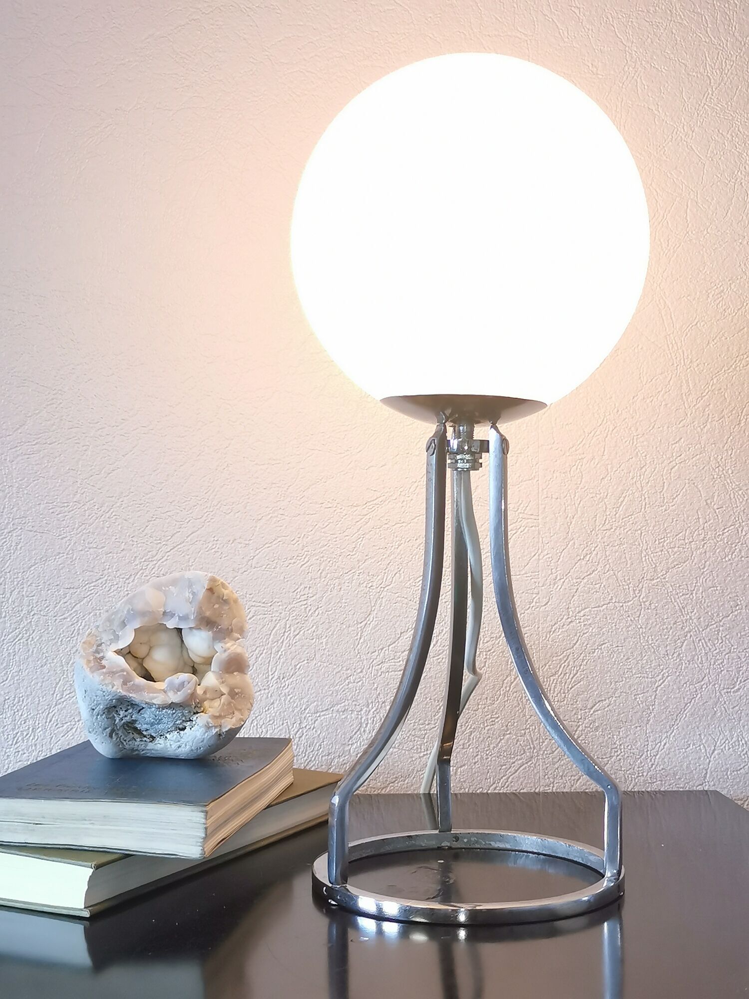 Lamp sphere of frosted glass, chrome steel, art deco, 1950