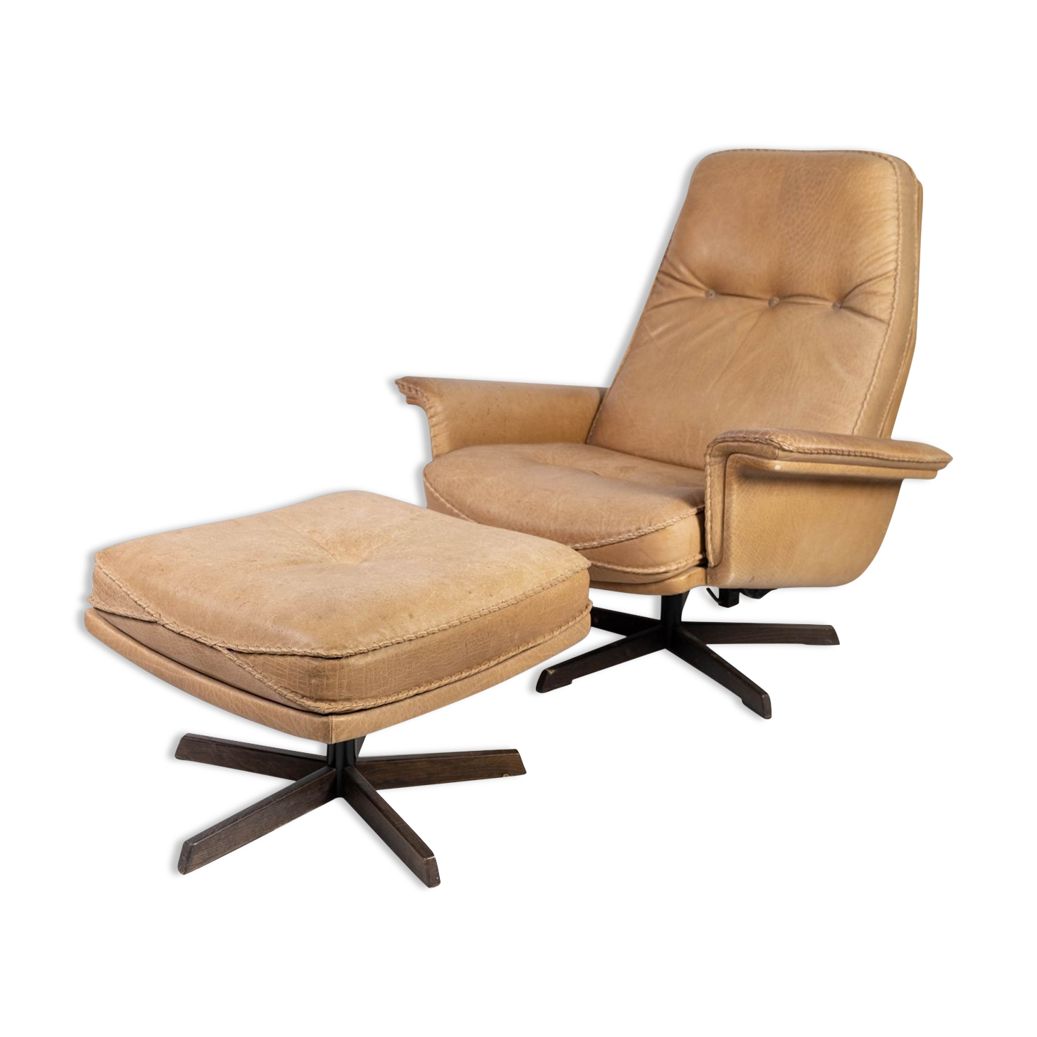 Armchair and stool in 1960s Danish leather and rosewood