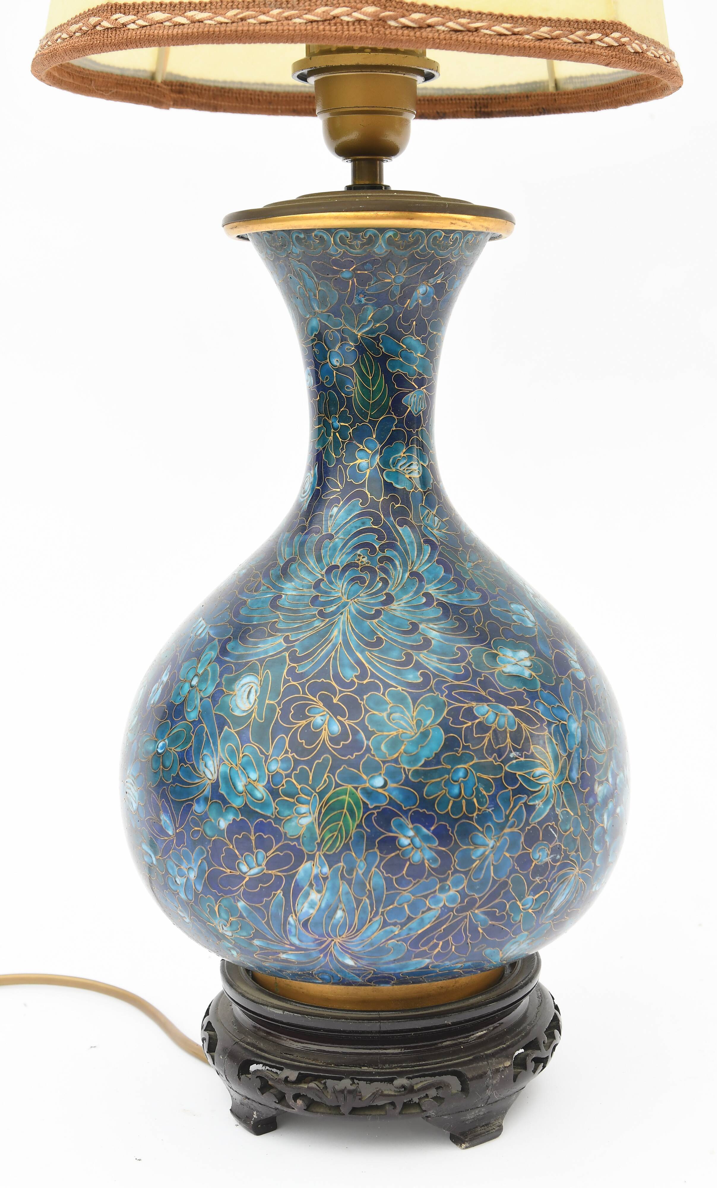 Baluster vase in blue cloisonné enamel mounted in lamp