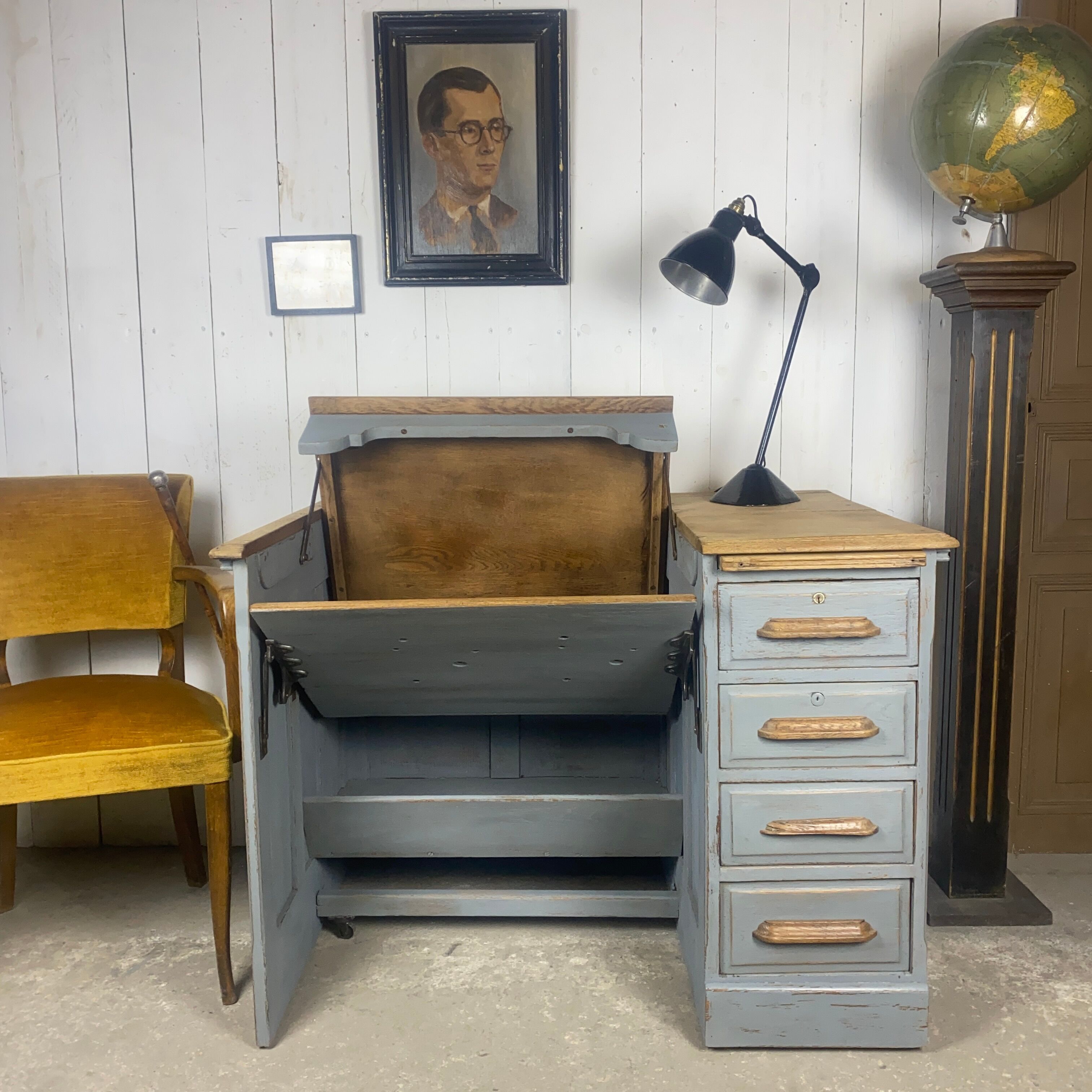 Bureau escamotable chêne patine