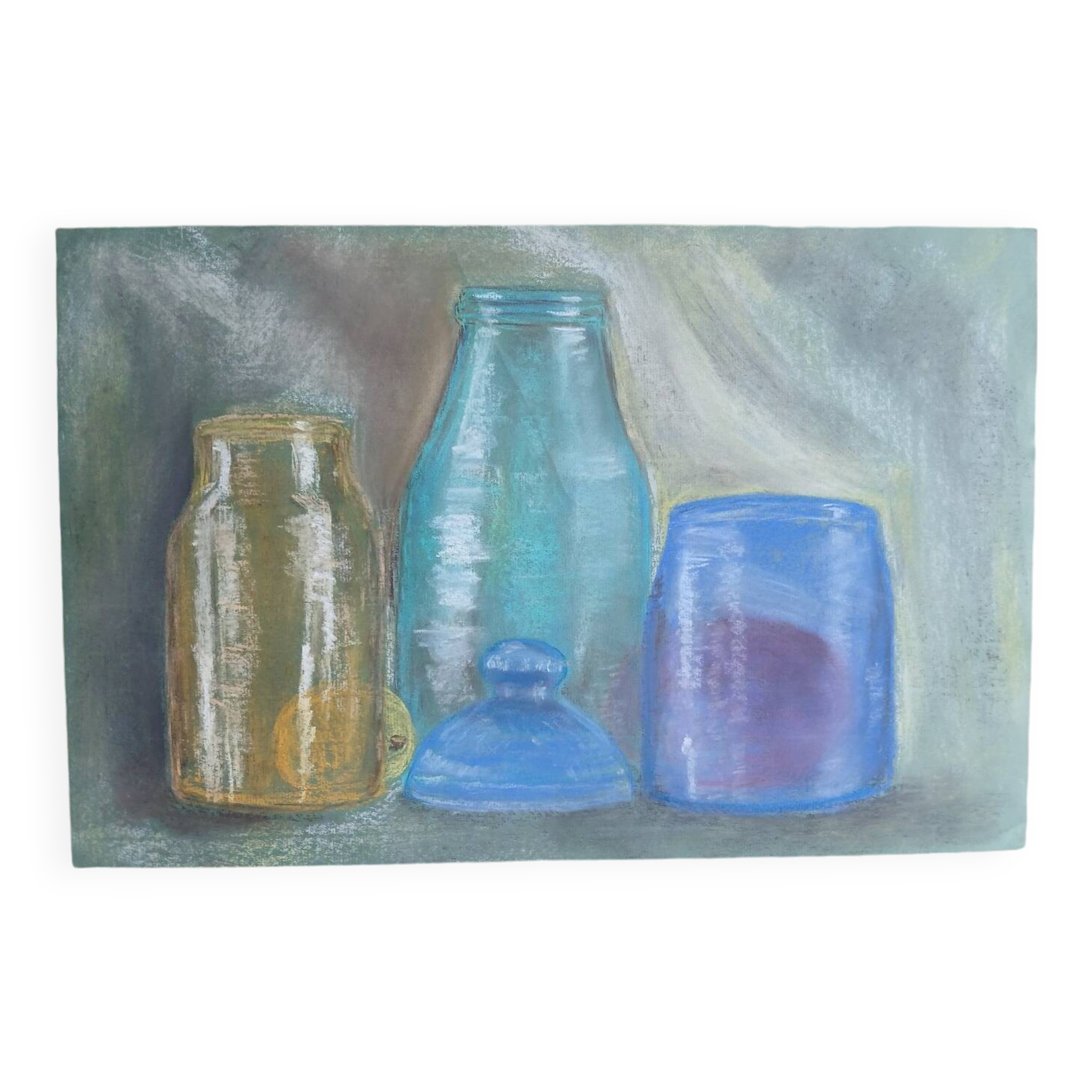 Dessin aux pastels bocaux et bouteilles