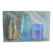 Dessin aux pastels bocaux et bouteilles