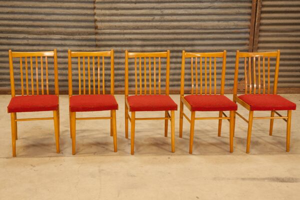 Lot de 5 chaises bois et tissu rouge
