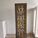 Rectangular Indonesian construction element with blue and yellow plant in carved wood