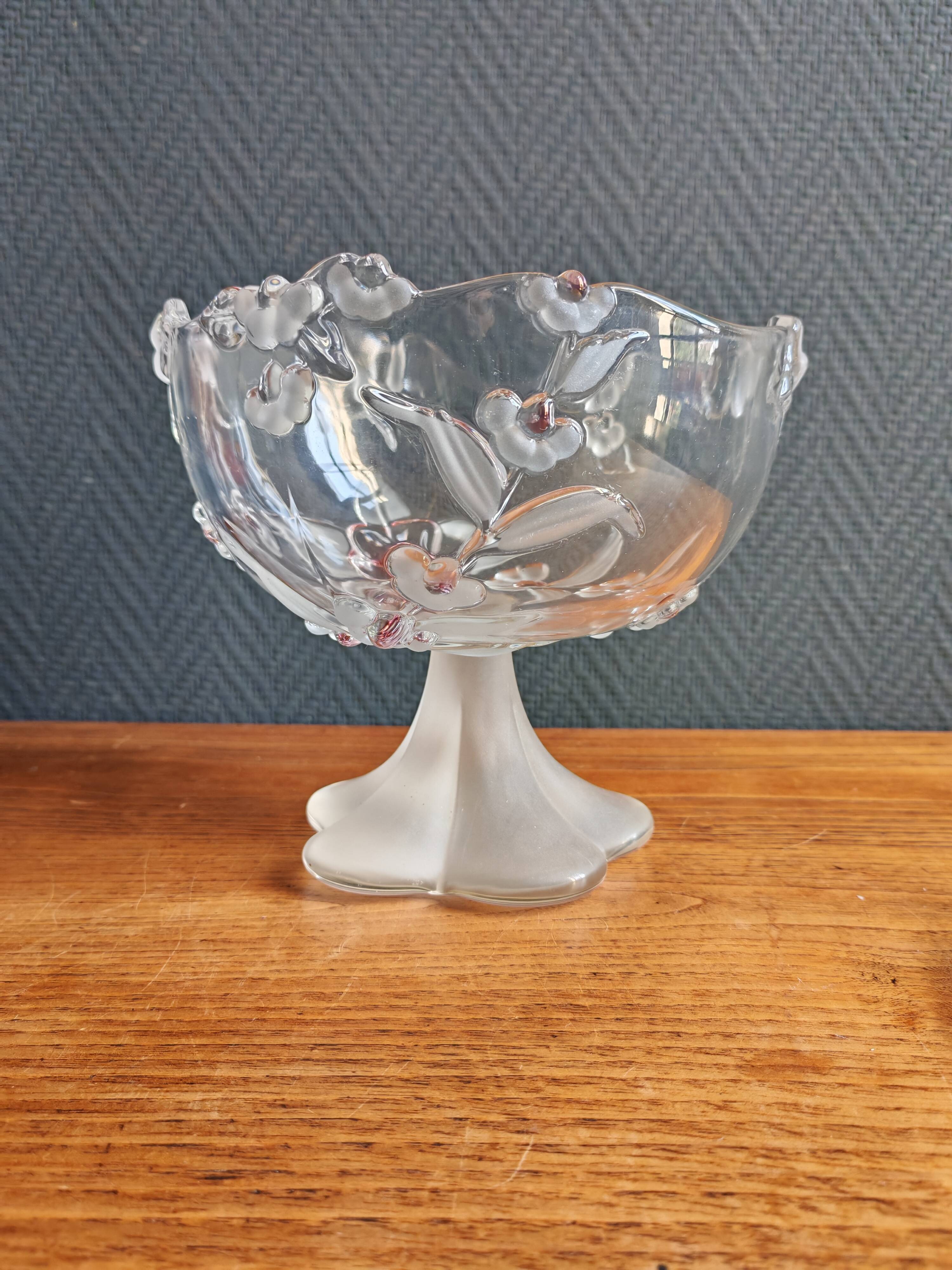 Vintage Frosted Glass Footed Bowl – Relief Decor of Pink Flowers
