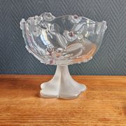 Vintage Frosted Glass Footed Bowl – Relief Decor of Pink Flowers