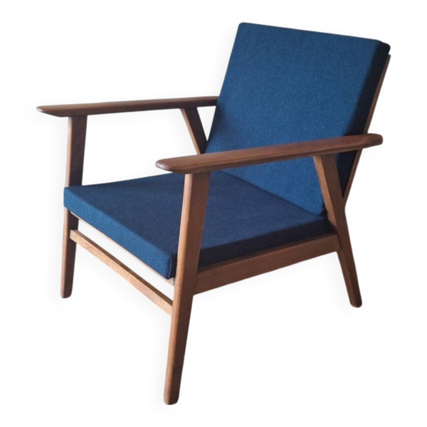 Chaise longue en teck danois avec tissu bleu-vert, années 1960
