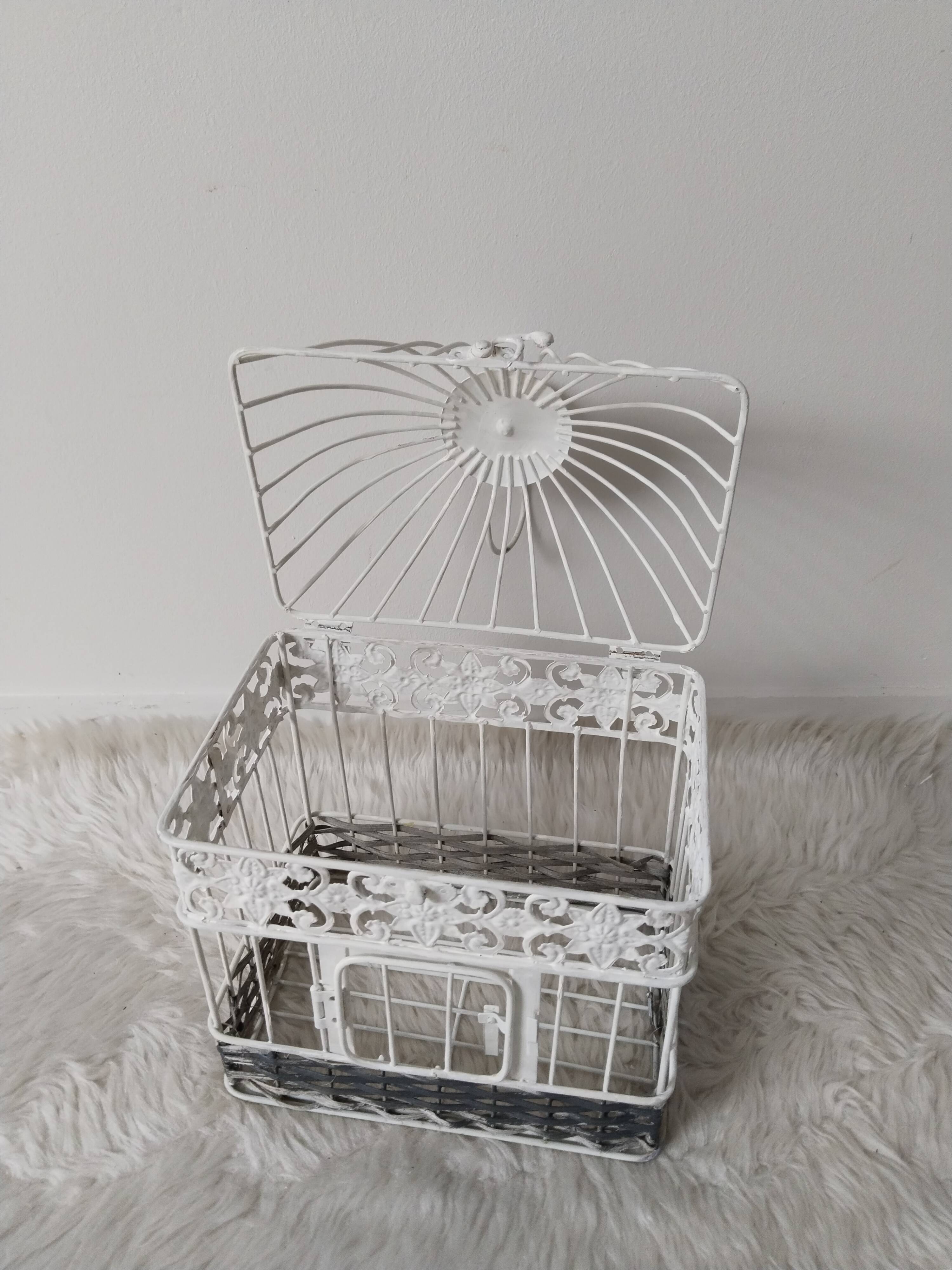 Cage for metal decoration, white patina and rattan, wedding decoration, aviary