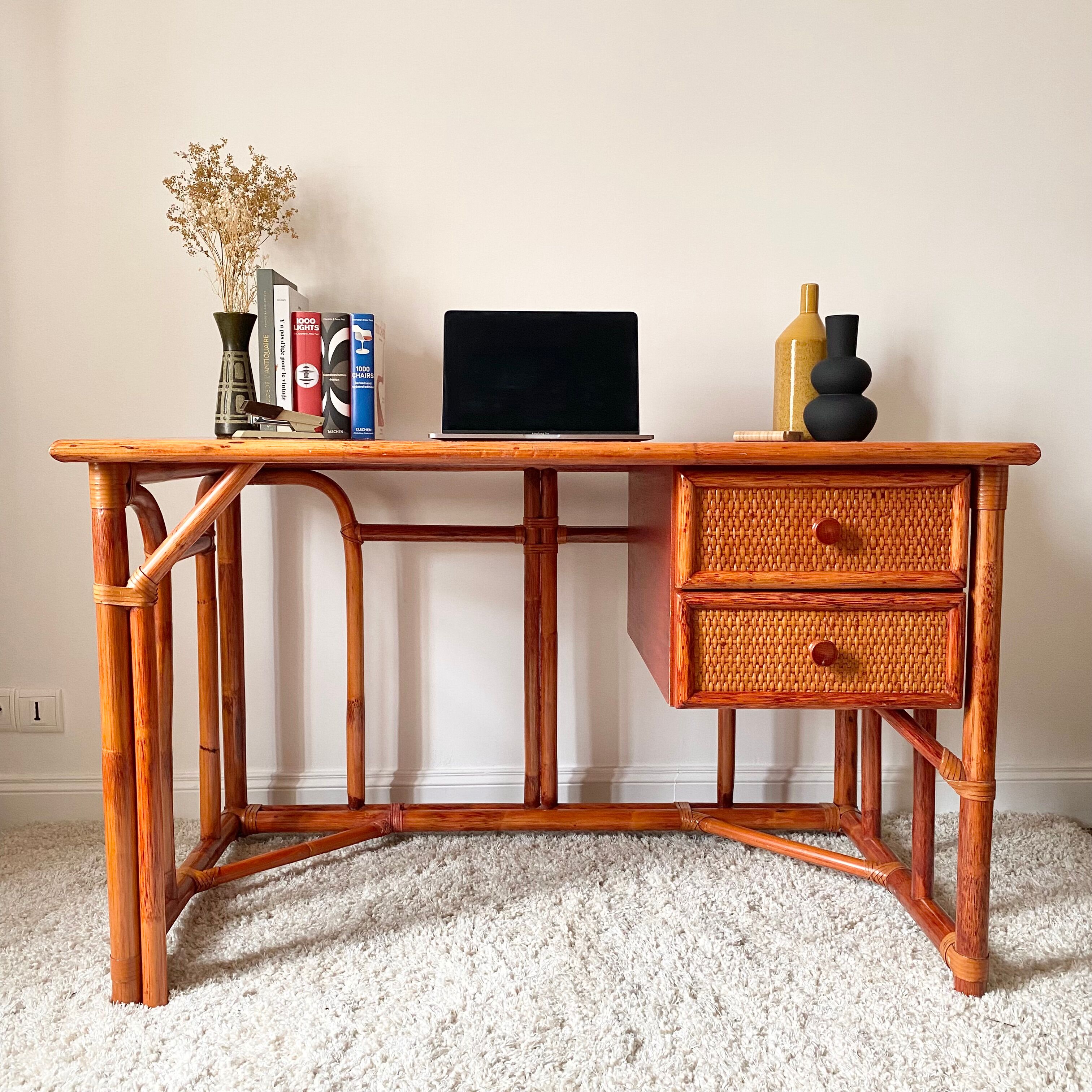 Rattan and bamboo desk Maugrion Roche Bobois