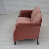 1950s, Danish 2-seater sofa, salmon pink furniture velour, oak wood legs.