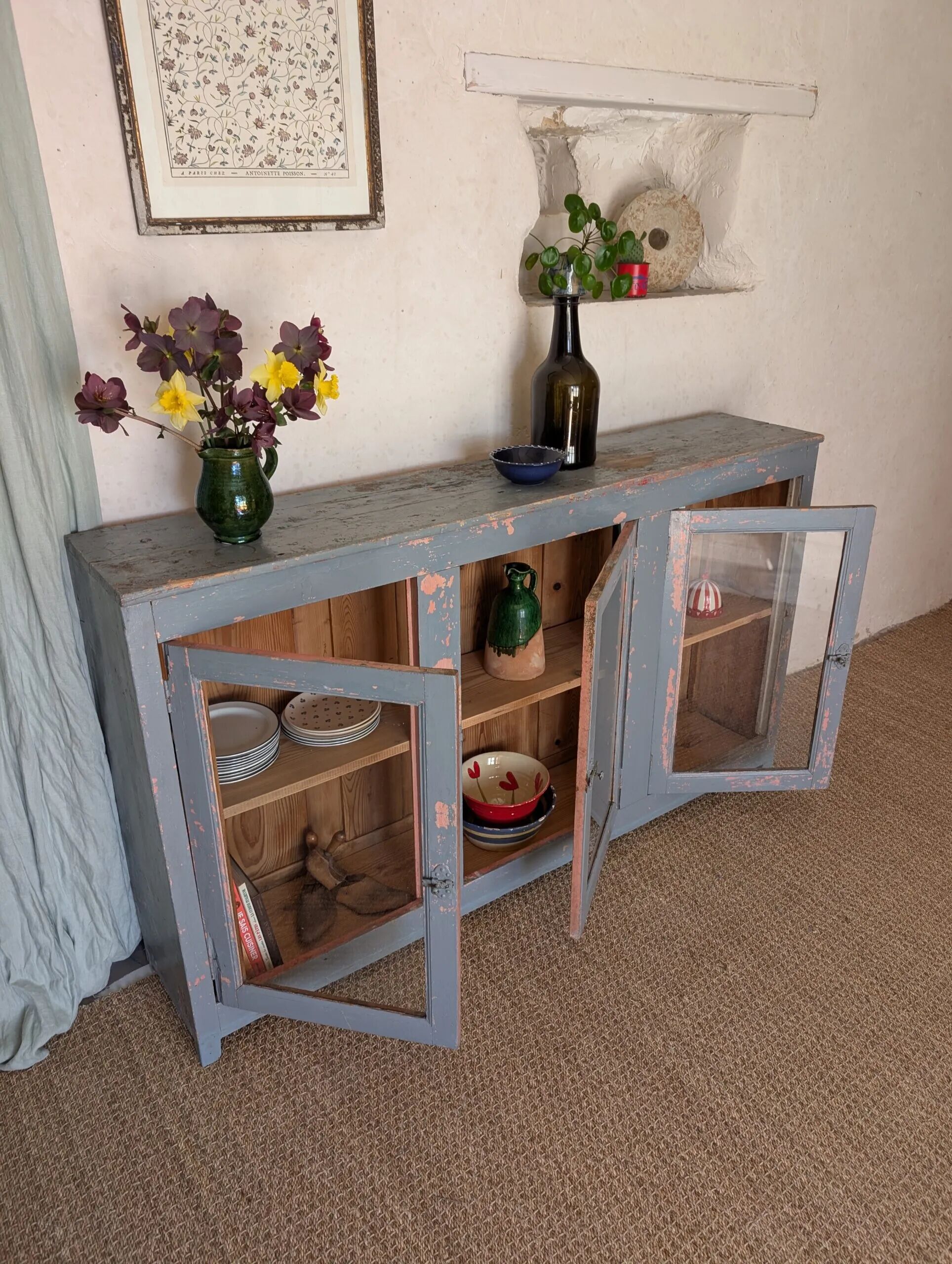Glazed enfilade antique workbench – blue patina