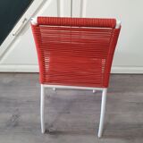 Vintage children's chair in white matel (some splinters of paint) with red scoubidou rope year 70