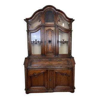 Monumental scriban buffet with clock from the 17th century, Liége region, in carved oak