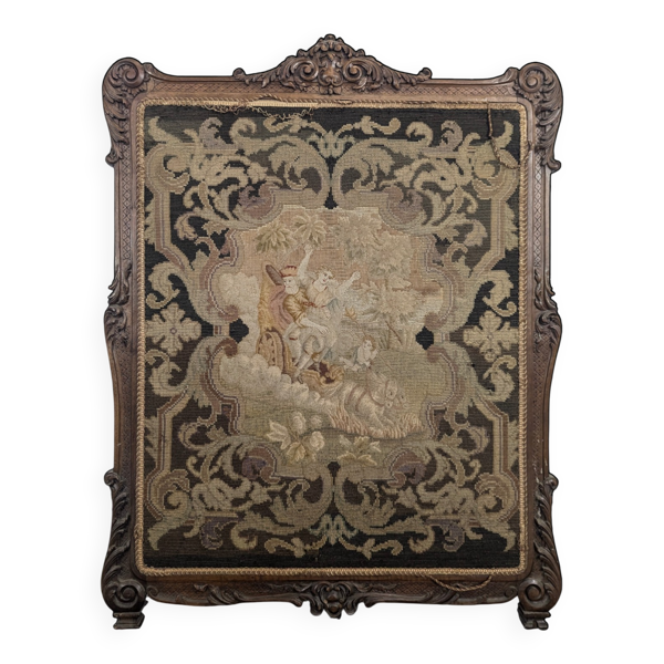 Écran de cheminée Napoléon III en bois sculpté et tapisserie au point