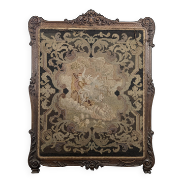 Napoleon III fireplace screen in carved wood and tapestry.