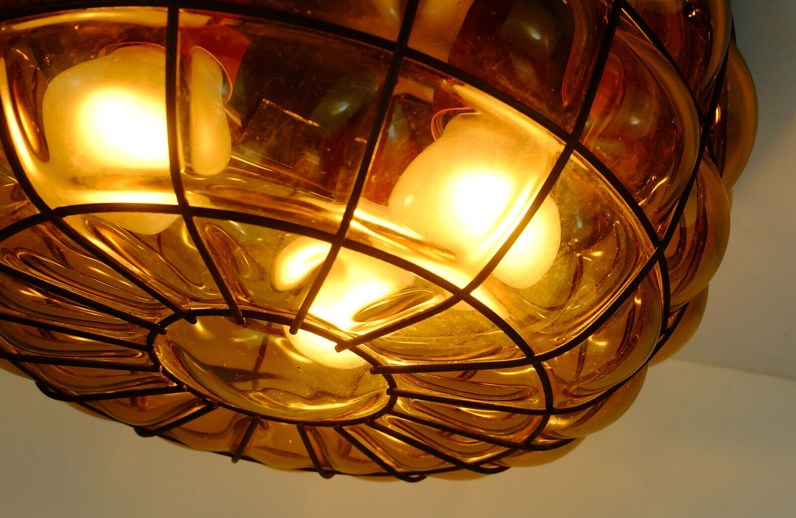 Ceiling lamp amber glass and metal 1970
