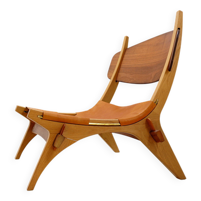 Fauteuil lounge vintage de style scandinave en bois et cuir