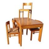 Set vintage pine dining table with 4 rush seat chairs Dutch design