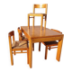 Set vintage pine dining table with 4 rush seat chairs Dutch design