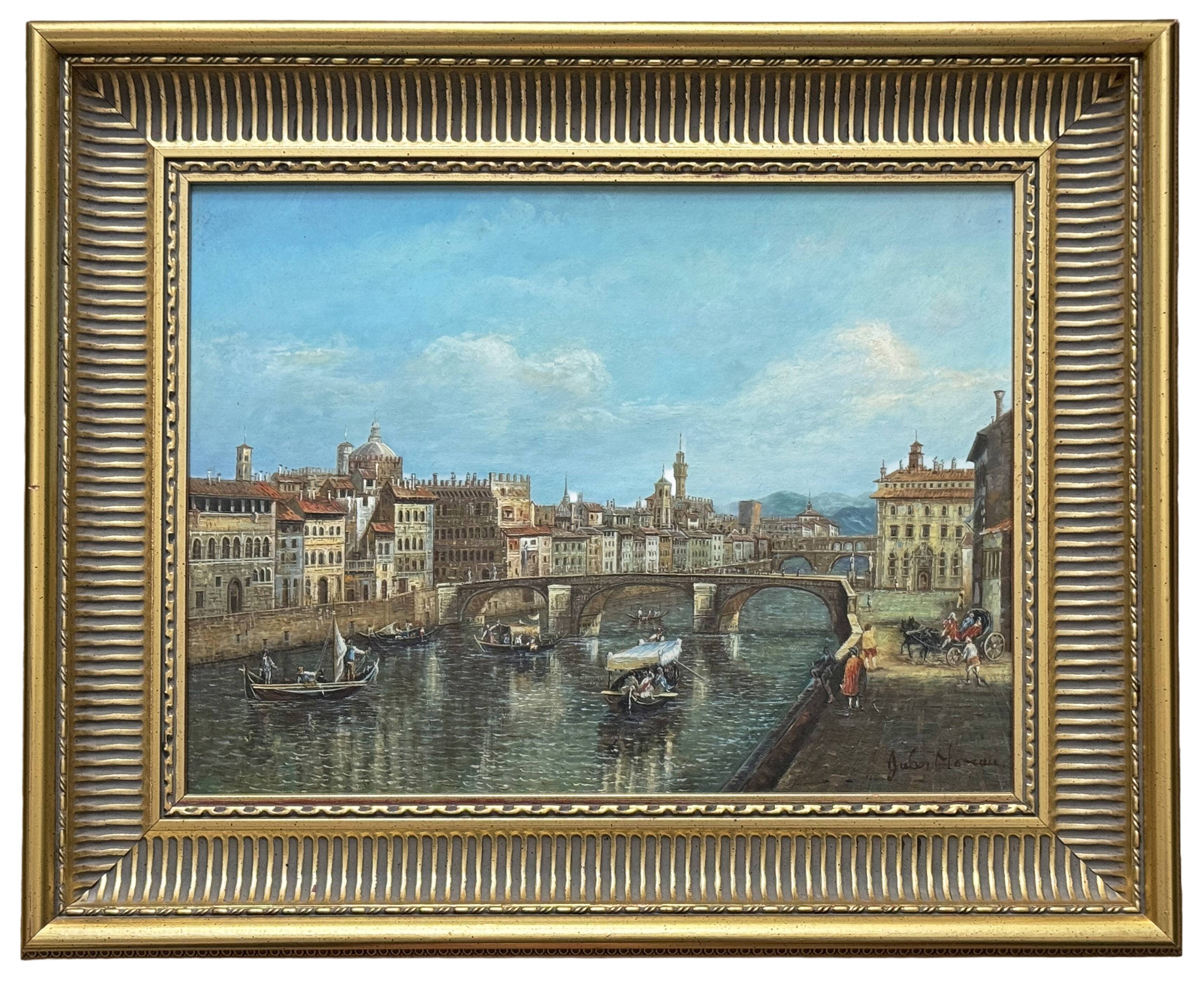 Oil on panel "The Arno at the Santa Trinita Bridge"