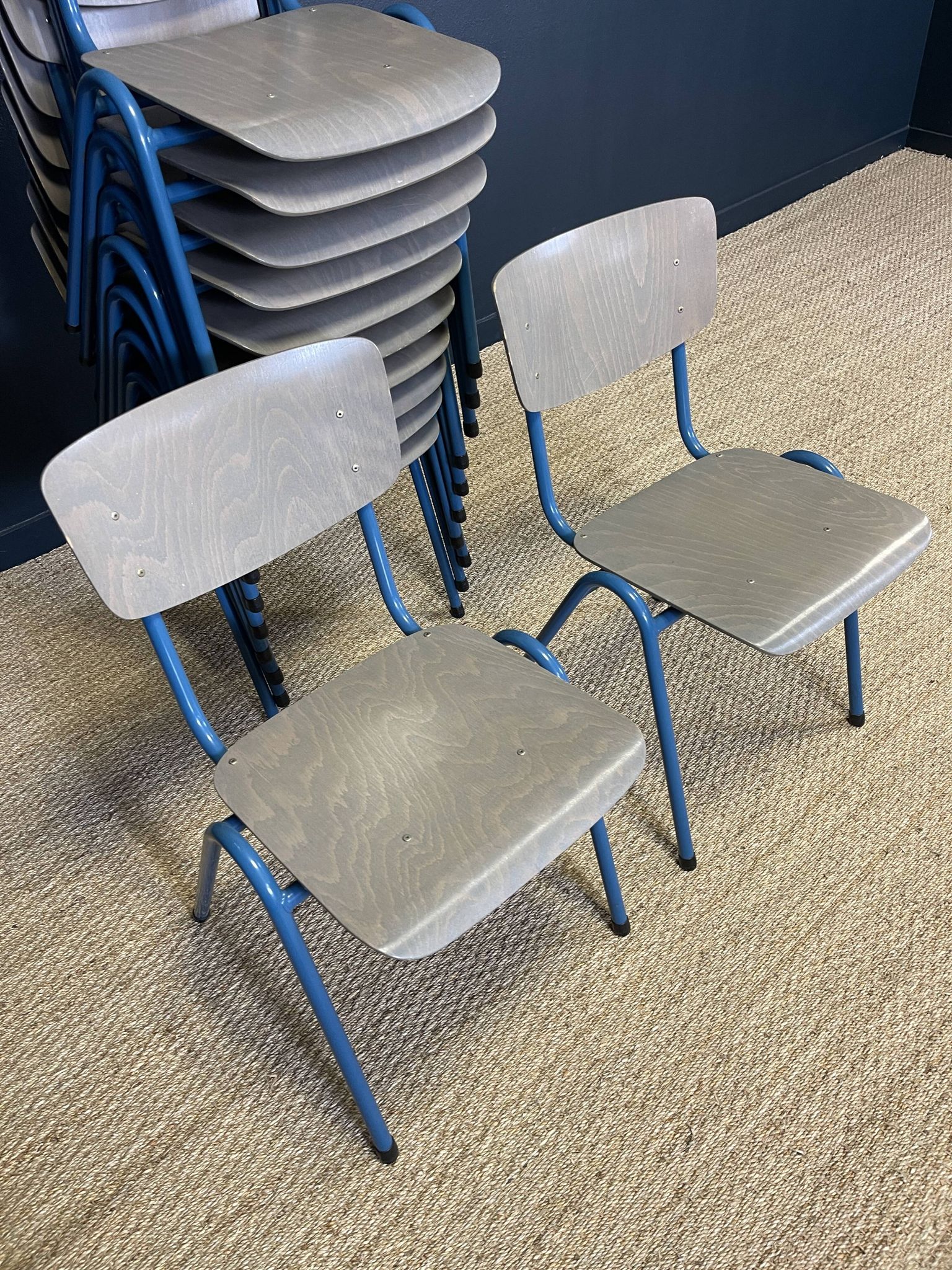 Set of 12 gray wood school chairs with blue feet Netherlands 70s/80s