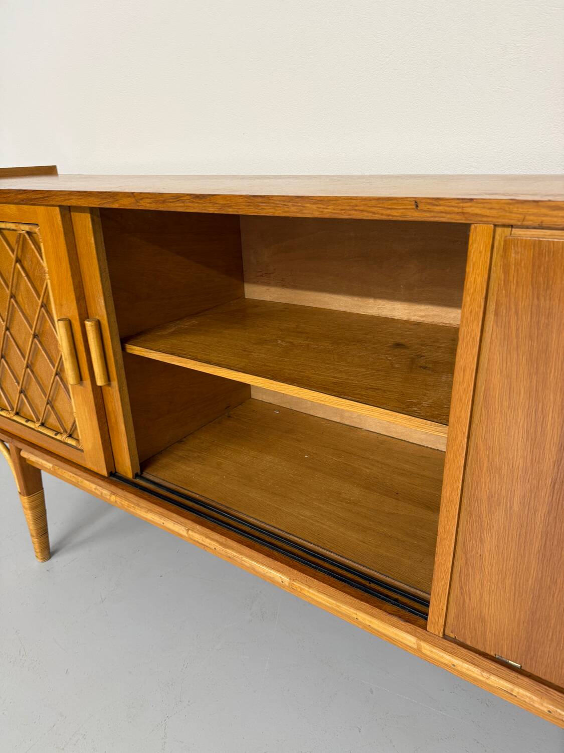 Antique French vintage 50s design wooden and rattan sideboard